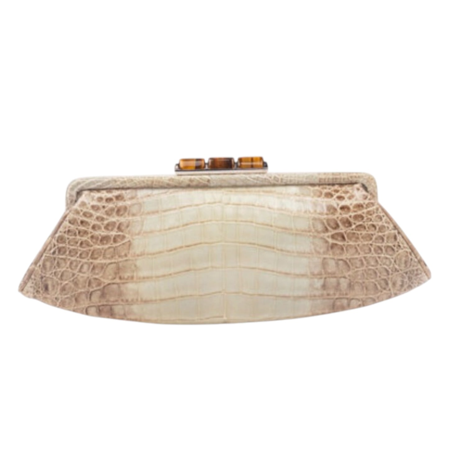 Salvatore Ferragamo Gray Crocodile Frame Top Clutch with Tiger’s Eye Closure Accent & Retractable Chain Strap – NWT