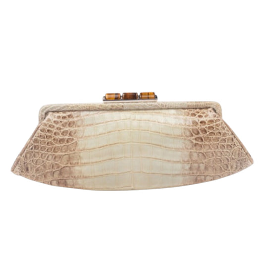 Salvatore Ferragamo Gray Crocodile Frame Top Clutch with Tiger’s Eye Closure Accent & Retractable Chain Strap – NWT