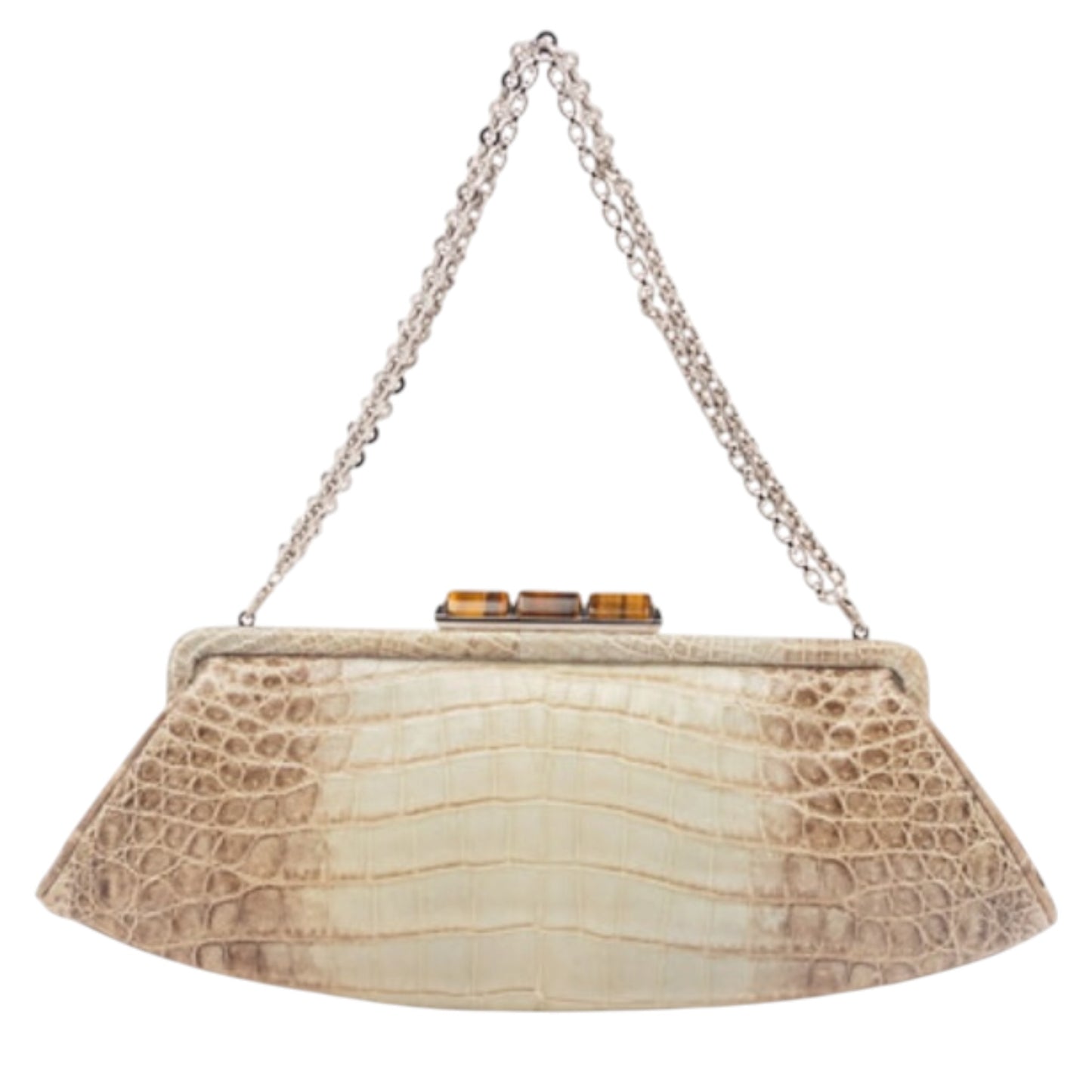 Salvatore Ferragamo Gray Crocodile Frame Top Clutch with Tiger’s Eye Closure Accent & Retractable Chain Strap – NWT
