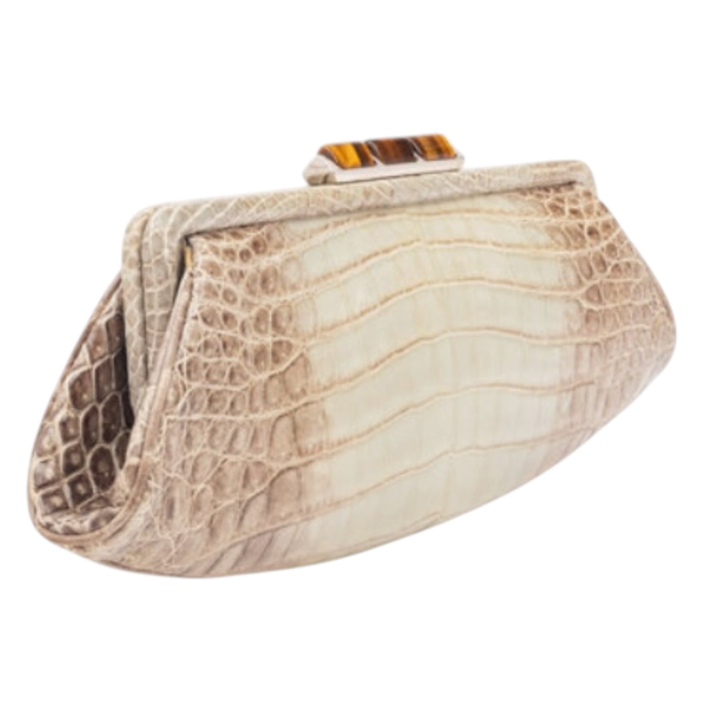 Salvatore Ferragamo Gray Crocodile Frame Top Clutch with Tiger’s Eye Closure Accent & Retractable Chain Strap – NWT