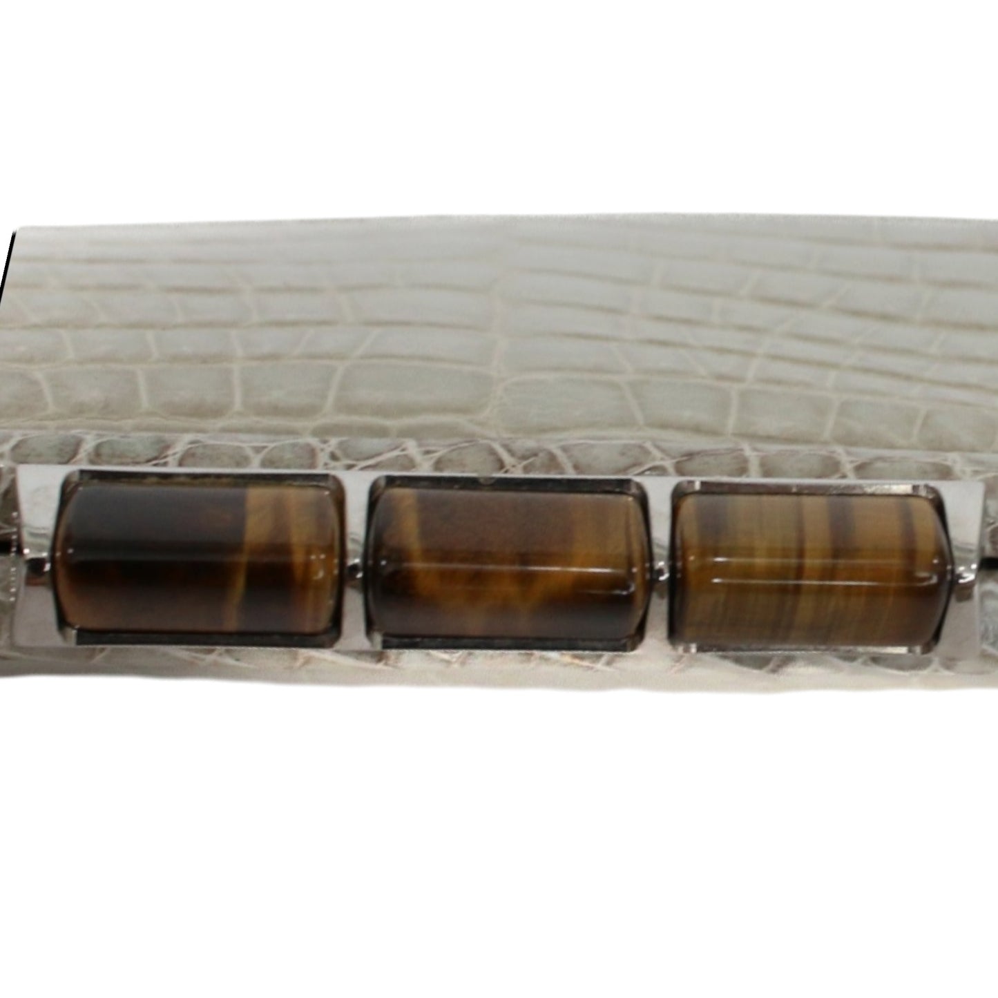Salvatore Ferragamo Gray Crocodile Frame Top Clutch with Tiger’s Eye Closure Accent & Retractable Chain Strap – NWT