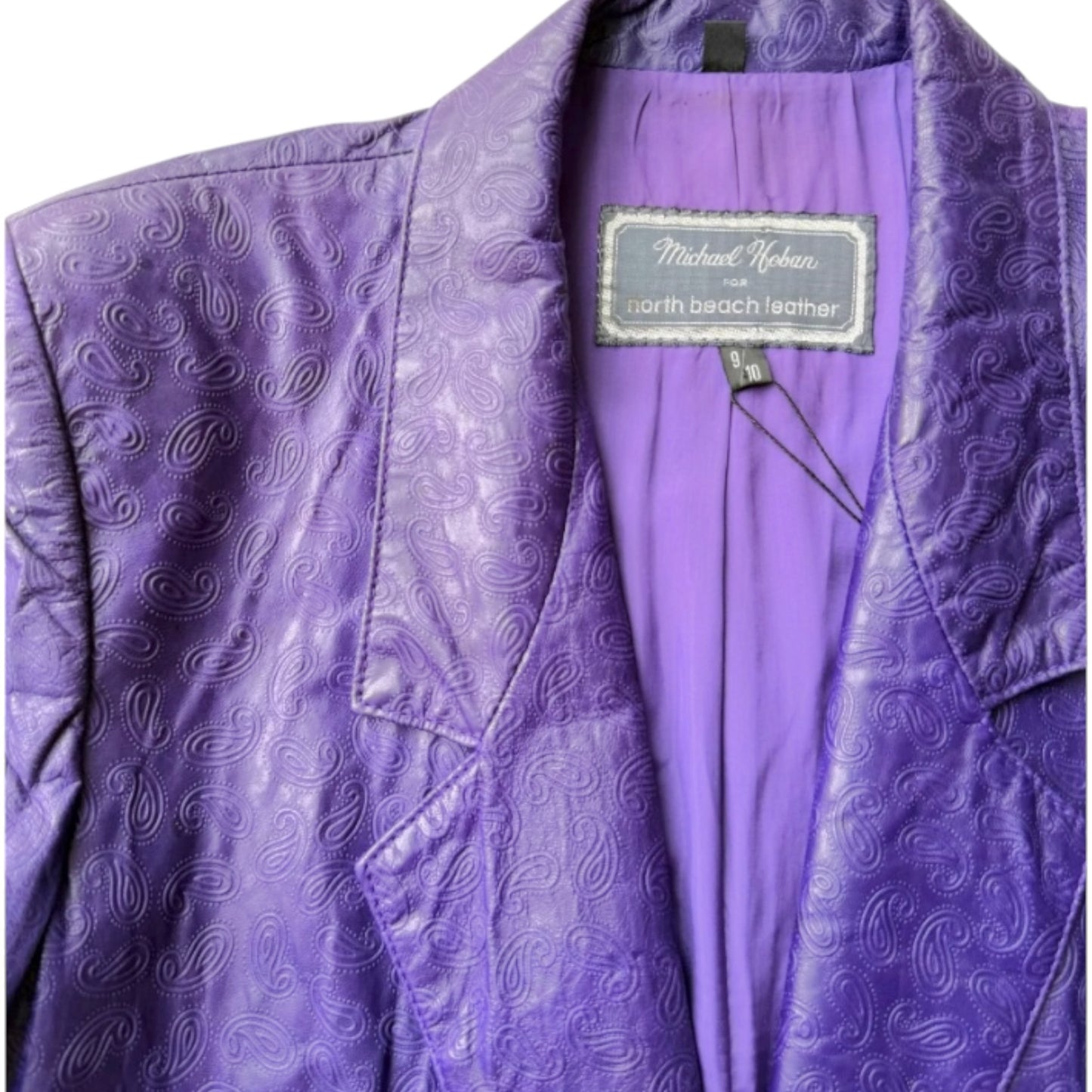 Michael Hoban for North Beach Leather Vintage 1980s Purple Embossed Paisley Leather Jacket