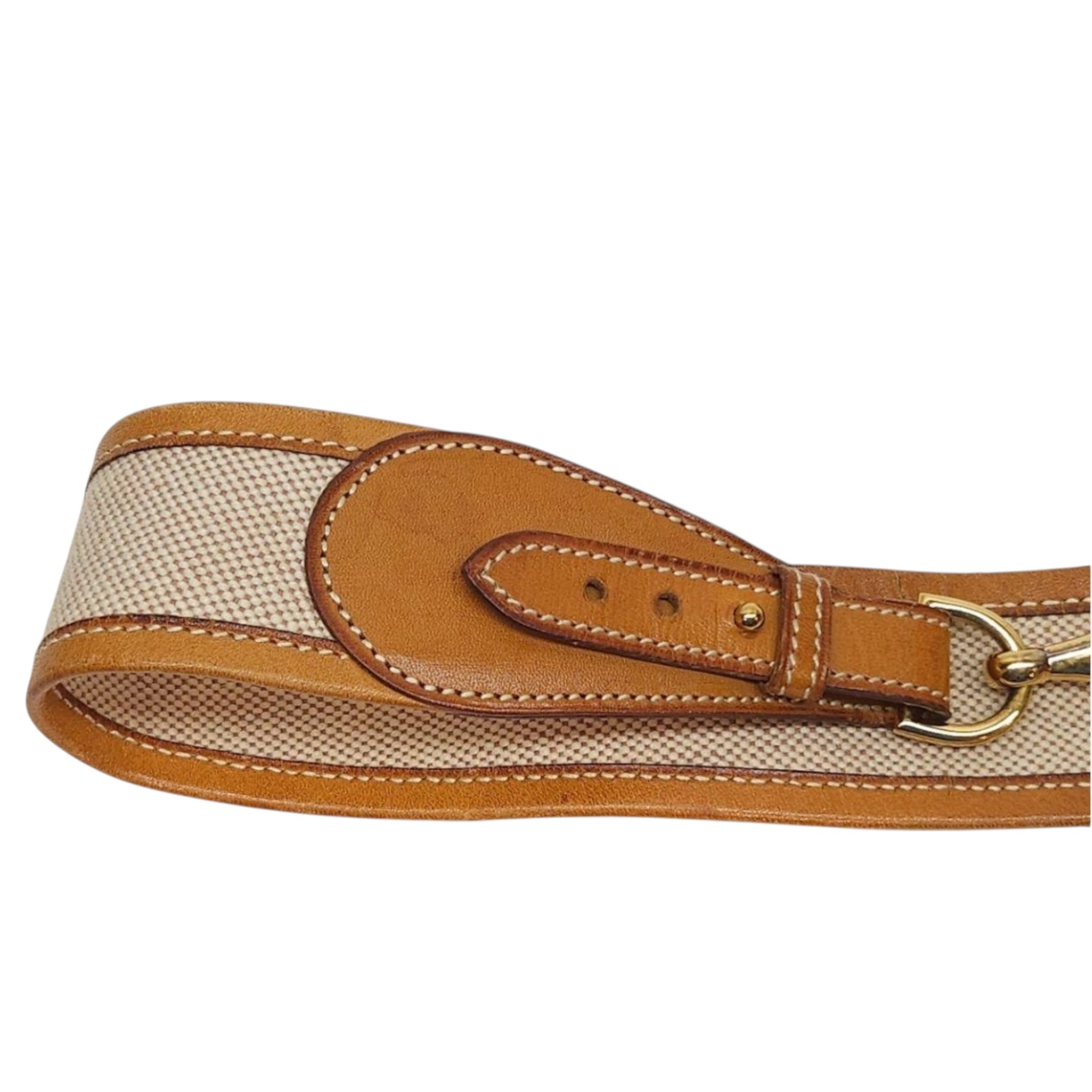 Hermès equestrian leather canvas belt, hook clasp detail close-up
