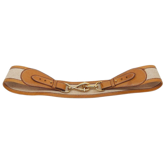 Hermès vintage 1970s equestrian leather and canvas belt with gold hook clasp, fits size 29-31, front view