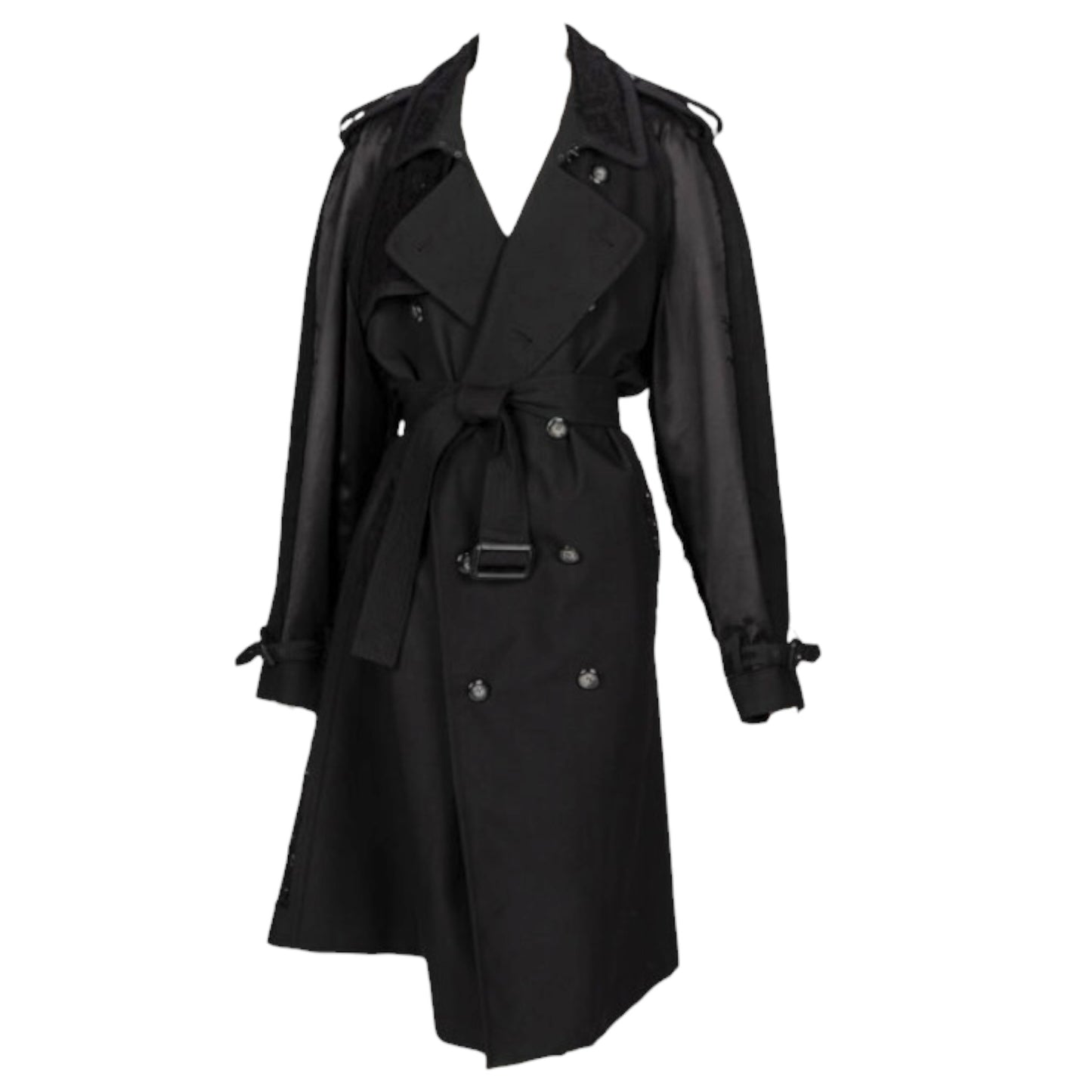 Maison Margiela S/S 2018 Black Wool Double-Breasted Trench Coat with Crocheted Lace Insets Size 50 IT