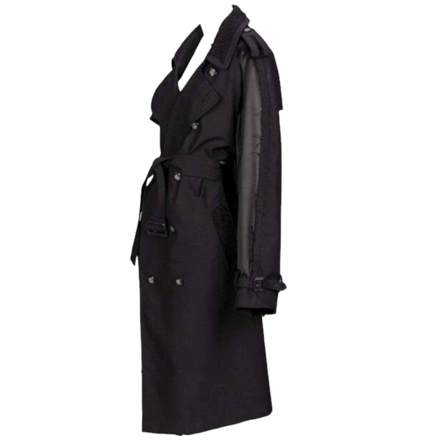 Maison Margiela S/S 2018 Black Wool Double-Breasted Trench Coat with Crocheted Lace Insets Size 50 IT