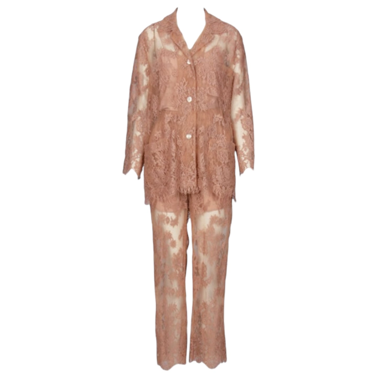 Gucci S/S 2023 Gingembre Floral Lace Pajama Ensemble Set Nude IT 38