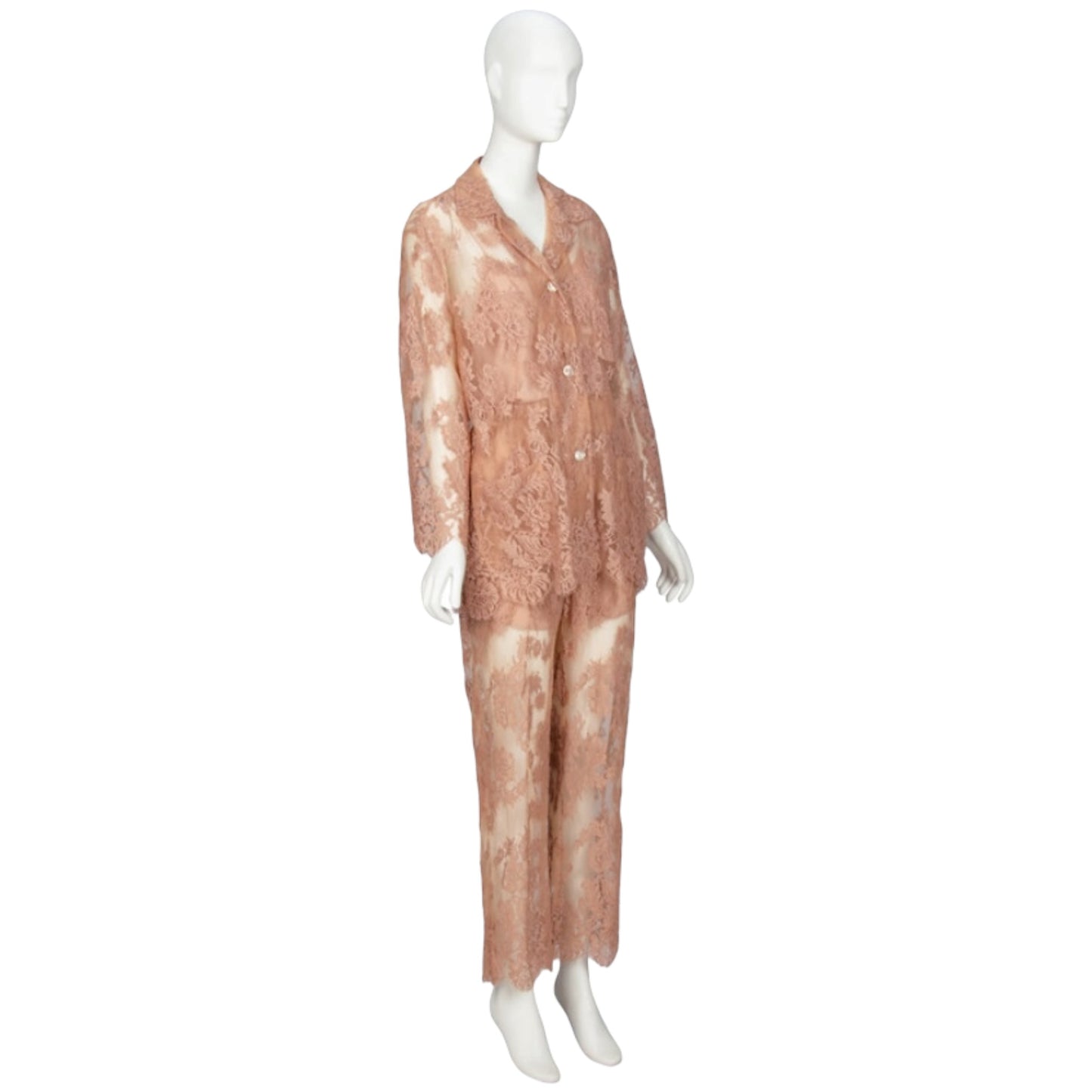 Gucci S/S 2023 Gingembre Floral Lace Pajama Ensemble Set Nude IT 38