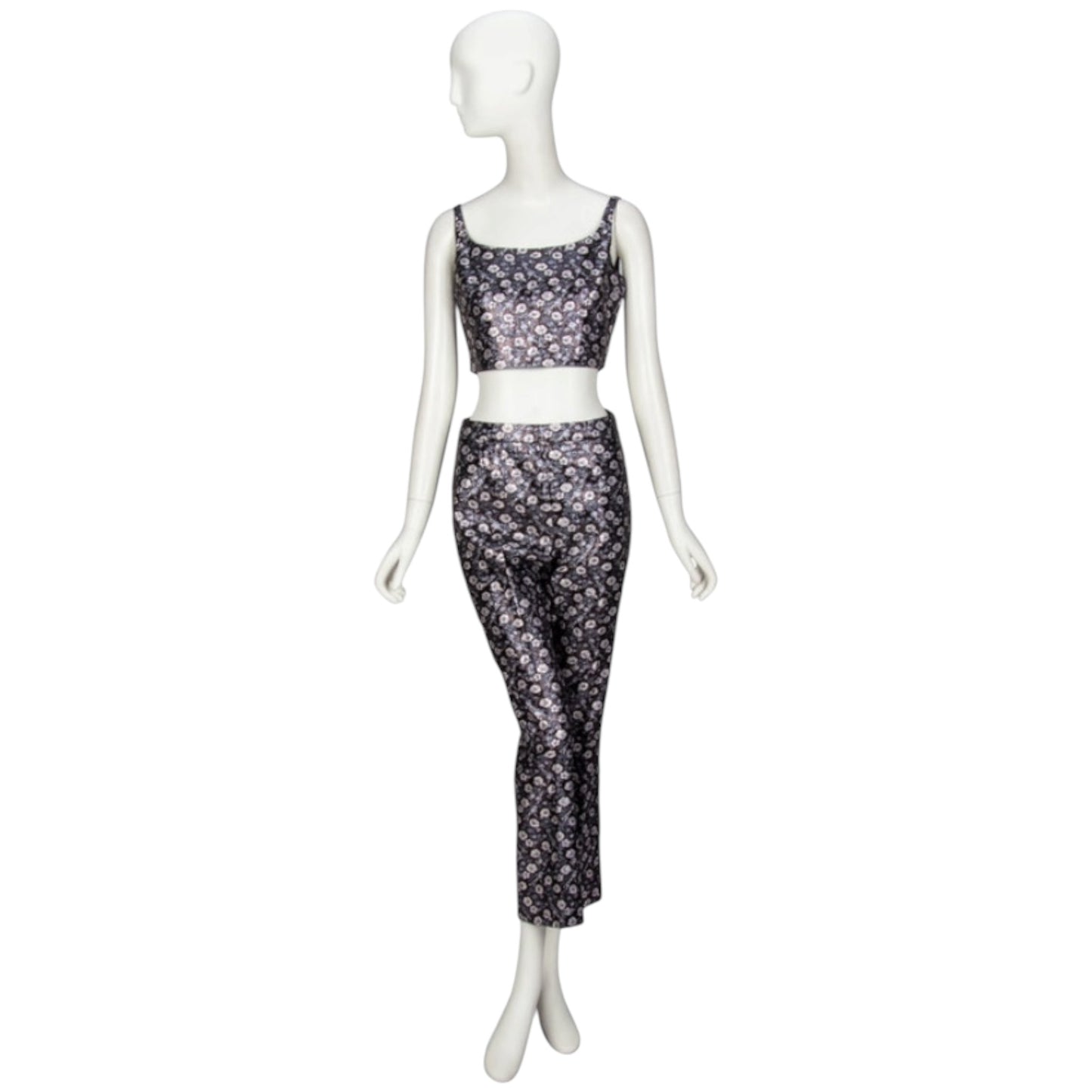 Prada 2017 Silver Metallic Floral Brocade Bustier & Cigarette Pant Ensemble Set IT 40/38
