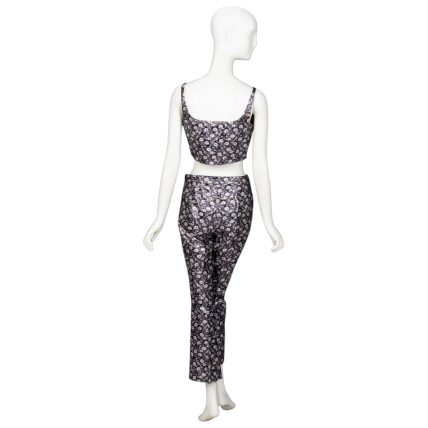 Prada 2017 Silver Metallic Floral Brocade Bustier & Cigarette Pant Ensemble Set IT 40/38