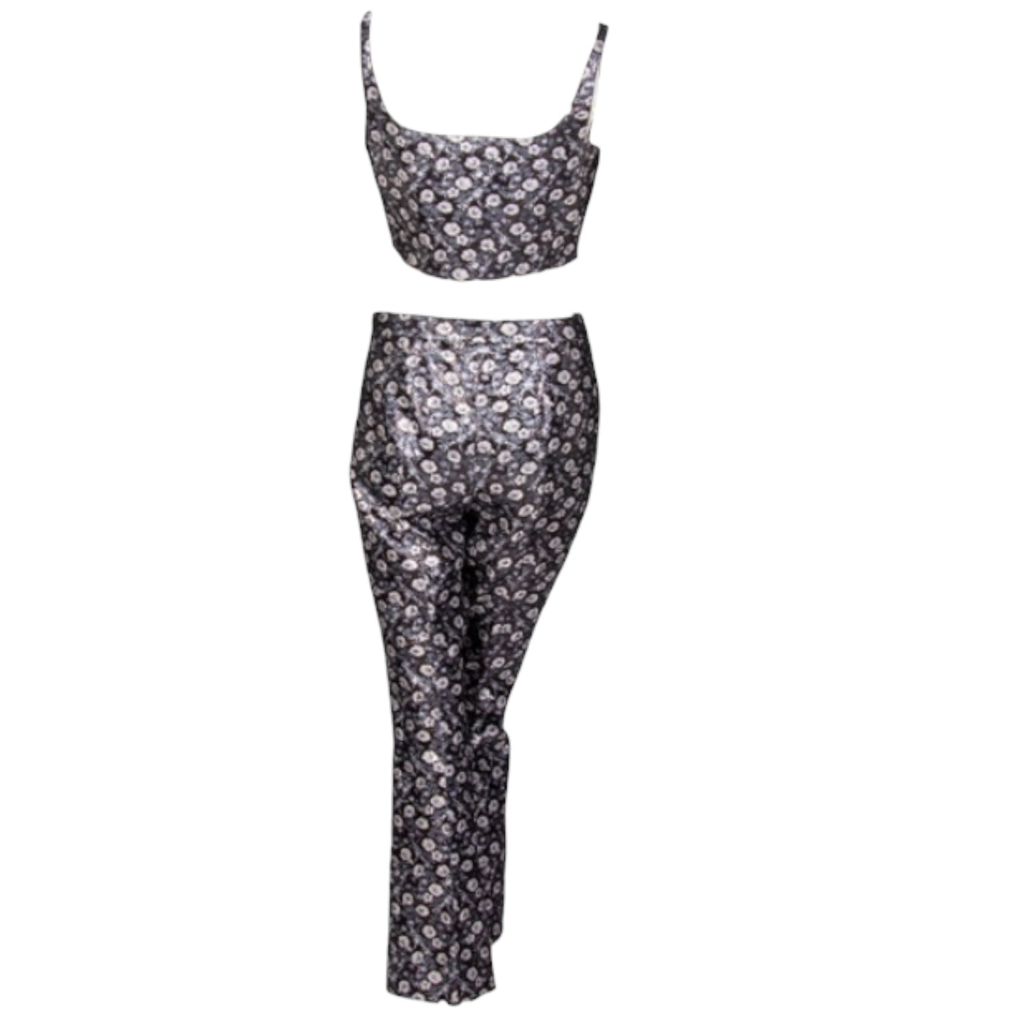 Prada 2017 Silver Metallic Floral Brocade Bustier & Cigarette Pant Ensemble Set IT 40/38