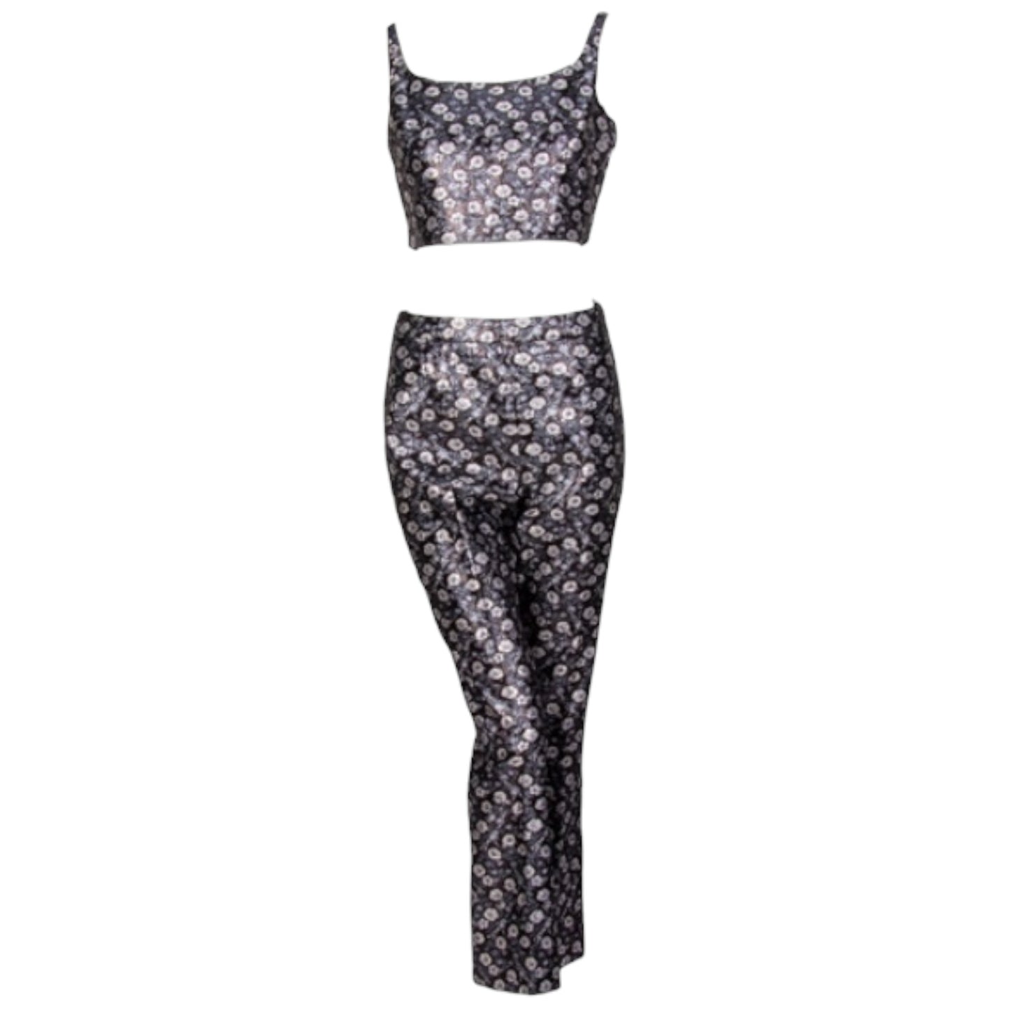 Prada 2017 Silver Metallic Floral Brocade Bustier & Cigarette Pant Ensemble Set IT 40/38