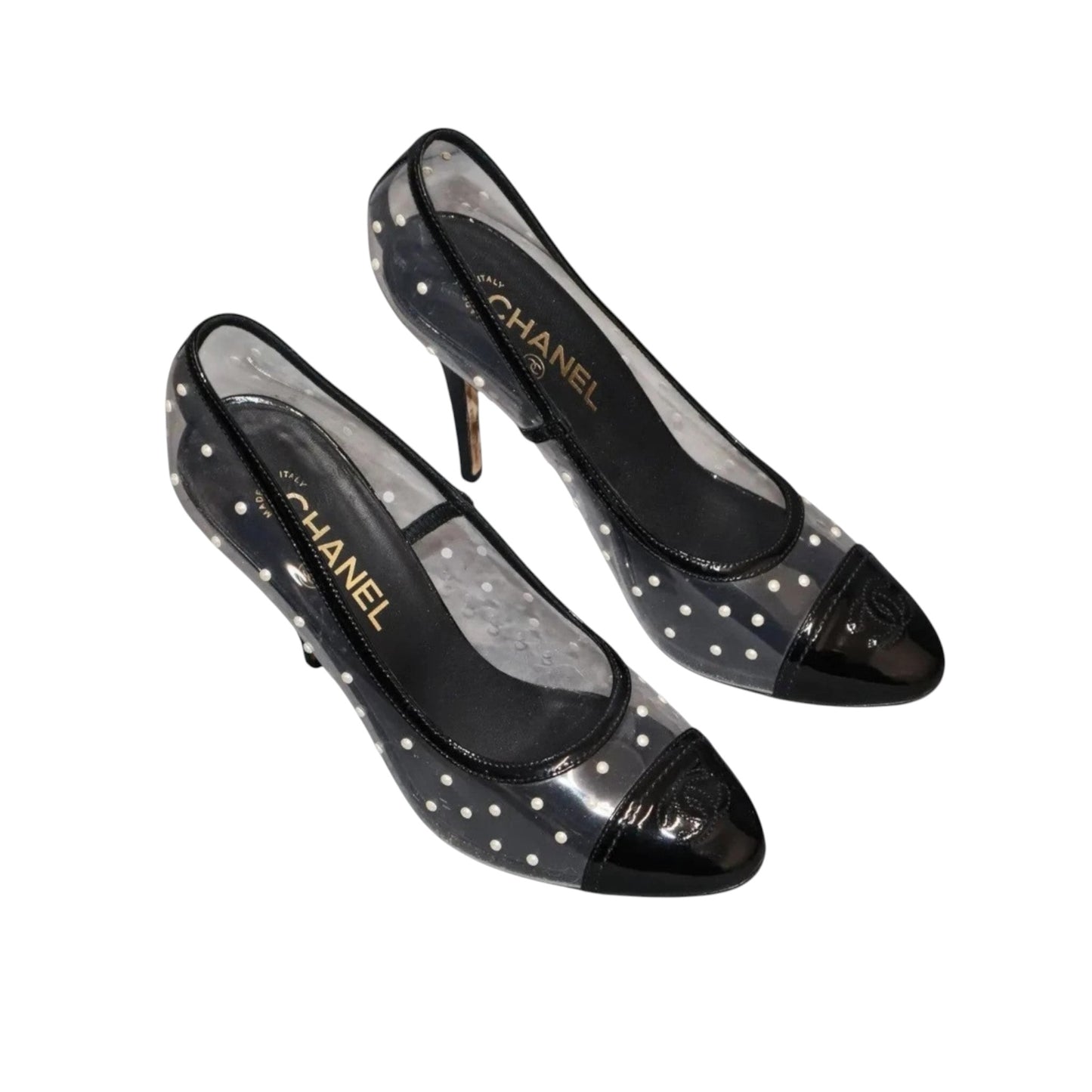 Chanel Transparent PVC & Pearl Embellished Cap Toe Heels, Late 1990s–Early 2000s | Size 39.5