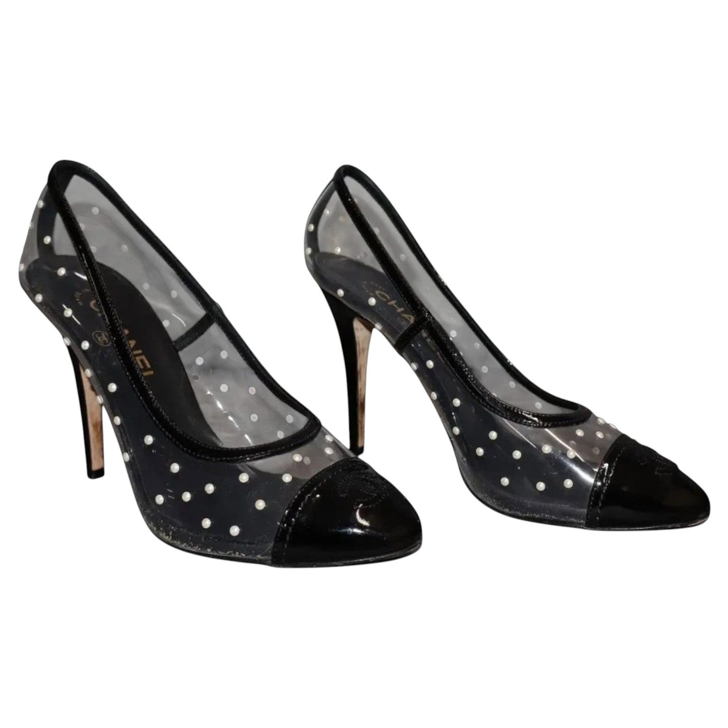 Chanel Transparent PVC & Pearl Embellished Cap Toe Heels, Late 1990s–Early 2000s | Size 39.5