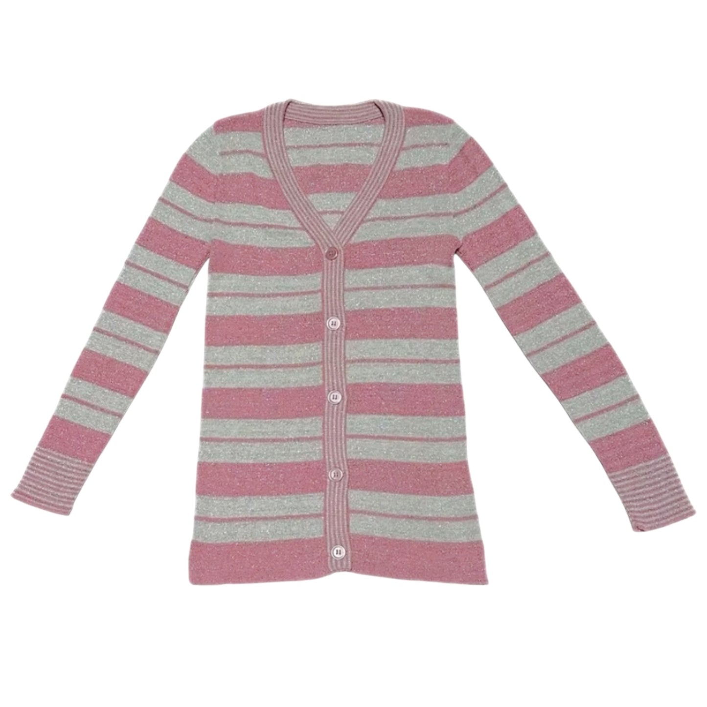 Vintage 1970s Pink & Silver Metallic Lurex Striped V-Neck Cardigan Sweater XS