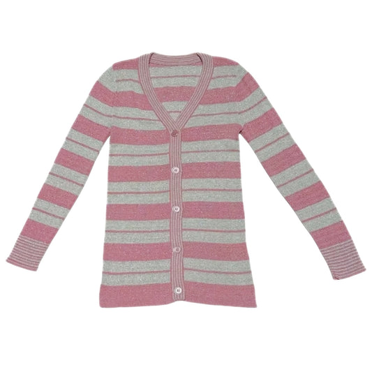 Vintage 1970s Pink & Silver Metallic Lurex Striped V-Neck Cardigan Sweater XS