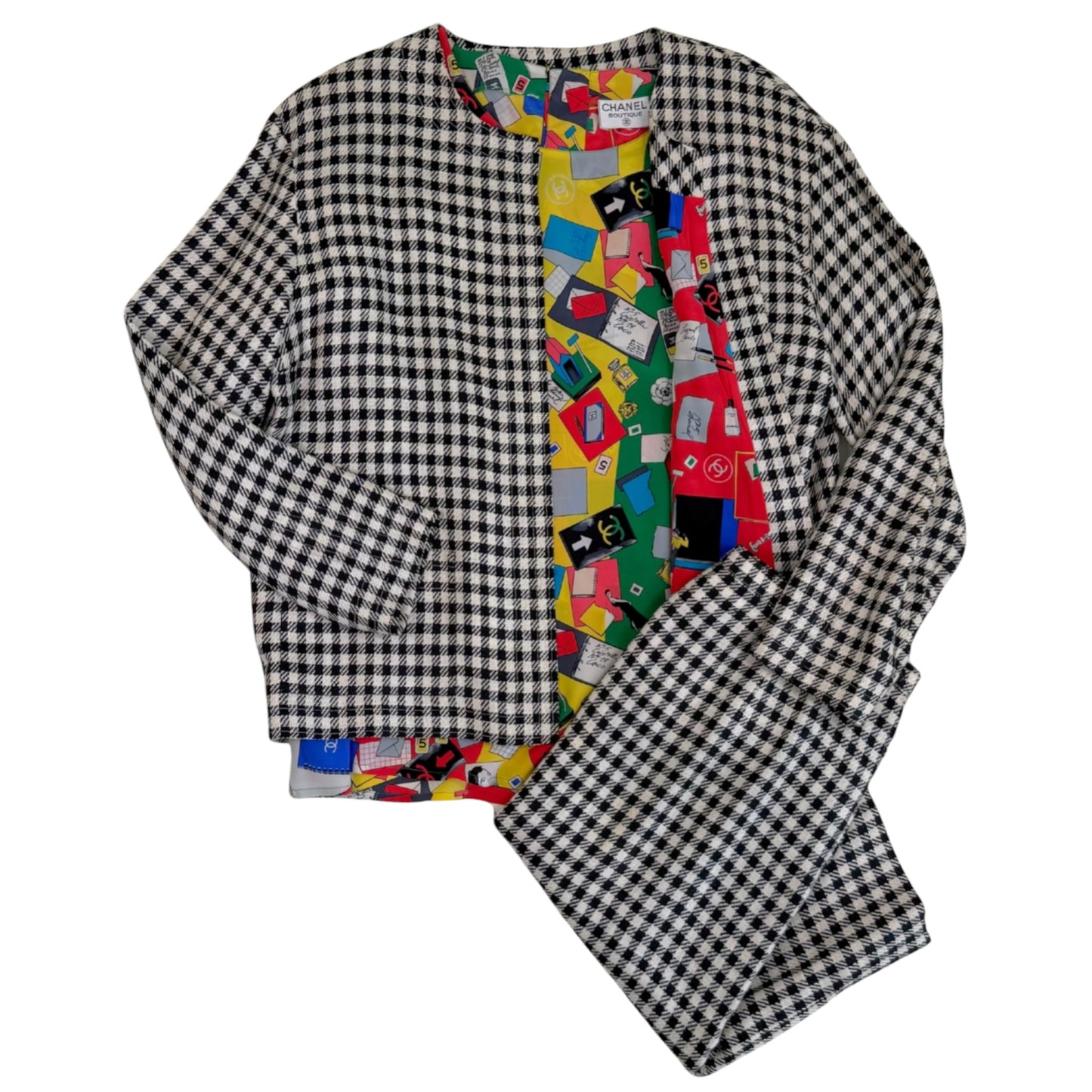 Rare Chanel Fall/Winter 1988 “Coco” Reversible Check Jacket, Skirt & Blouse 3-Piece Set