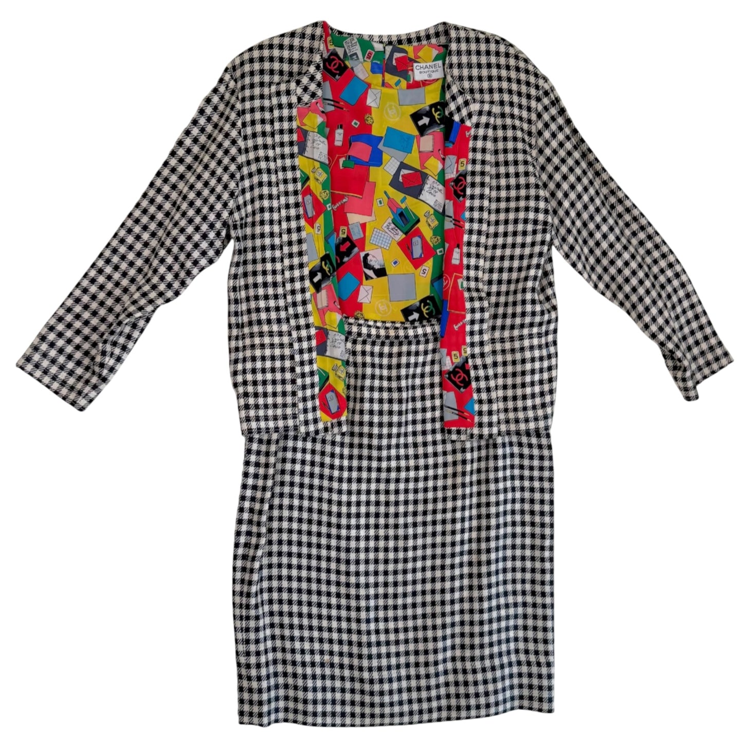 Rare Chanel Fall/Winter 1988 “Coco” Reversible Check Jacket, Skirt & Blouse 3-Piece Set