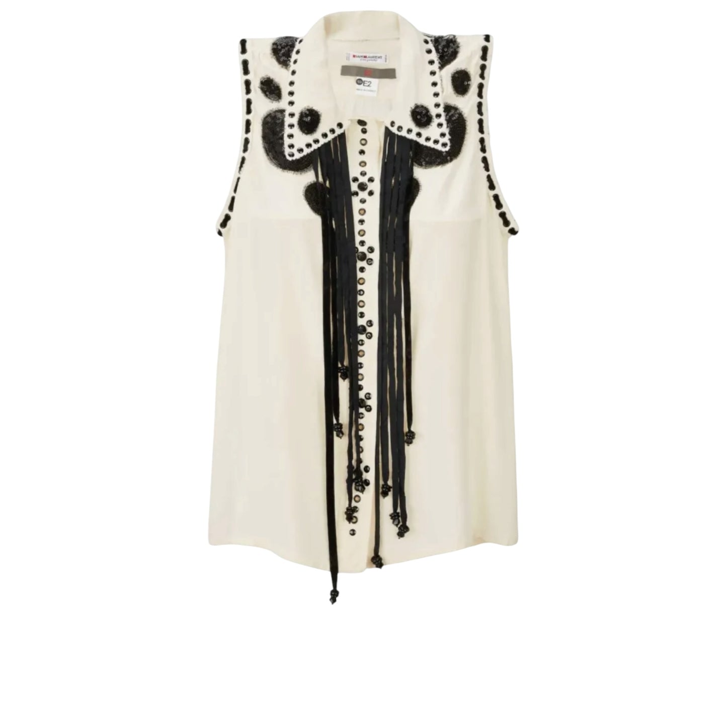 Saint Laurent Vintage Ivory Silk Embellished Blouse with Black Appliqué, Studwork & Fringe