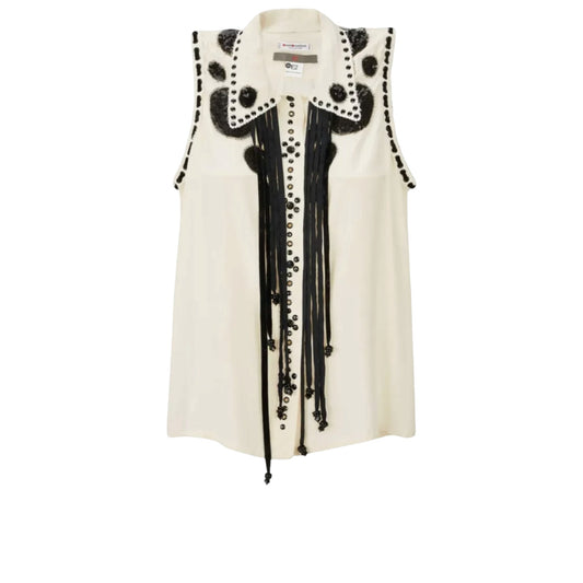 Saint Laurent Vintage Ivory Silk Embellished Blouse with Black Appliqué, Studwork & Fringe