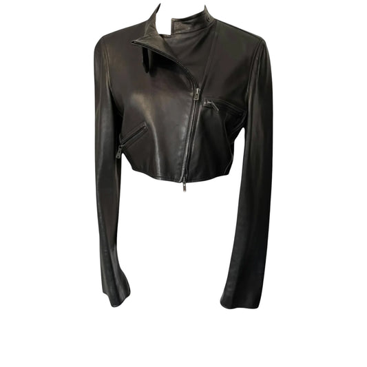 2003 Yves Saint Laurent Rive Gauche by Tom Ford Black Leather Cropped Moto Jacket