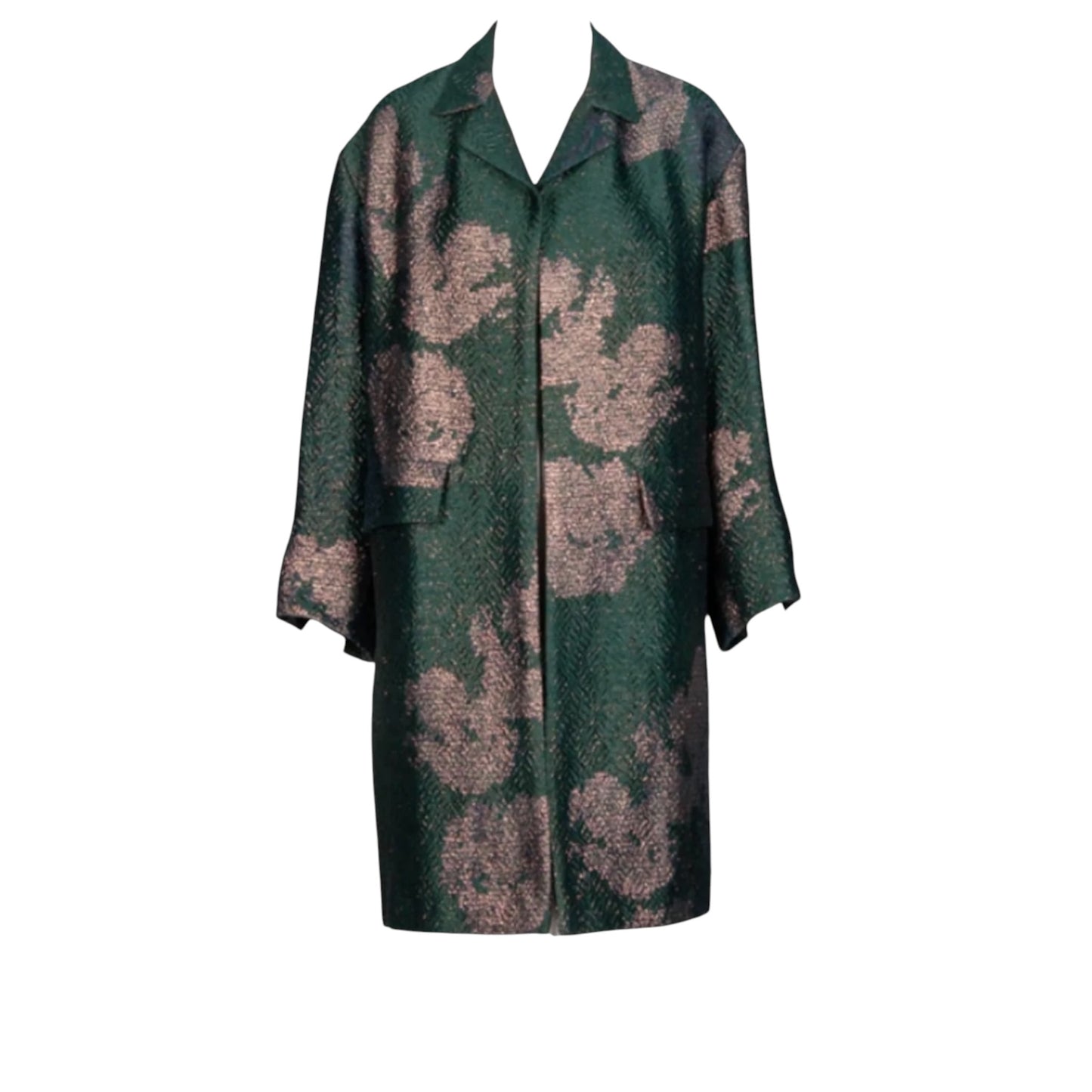Dries Van Noten Emerald & Gold Floral Brocade Open Coat - Textured Linen Blend, XS