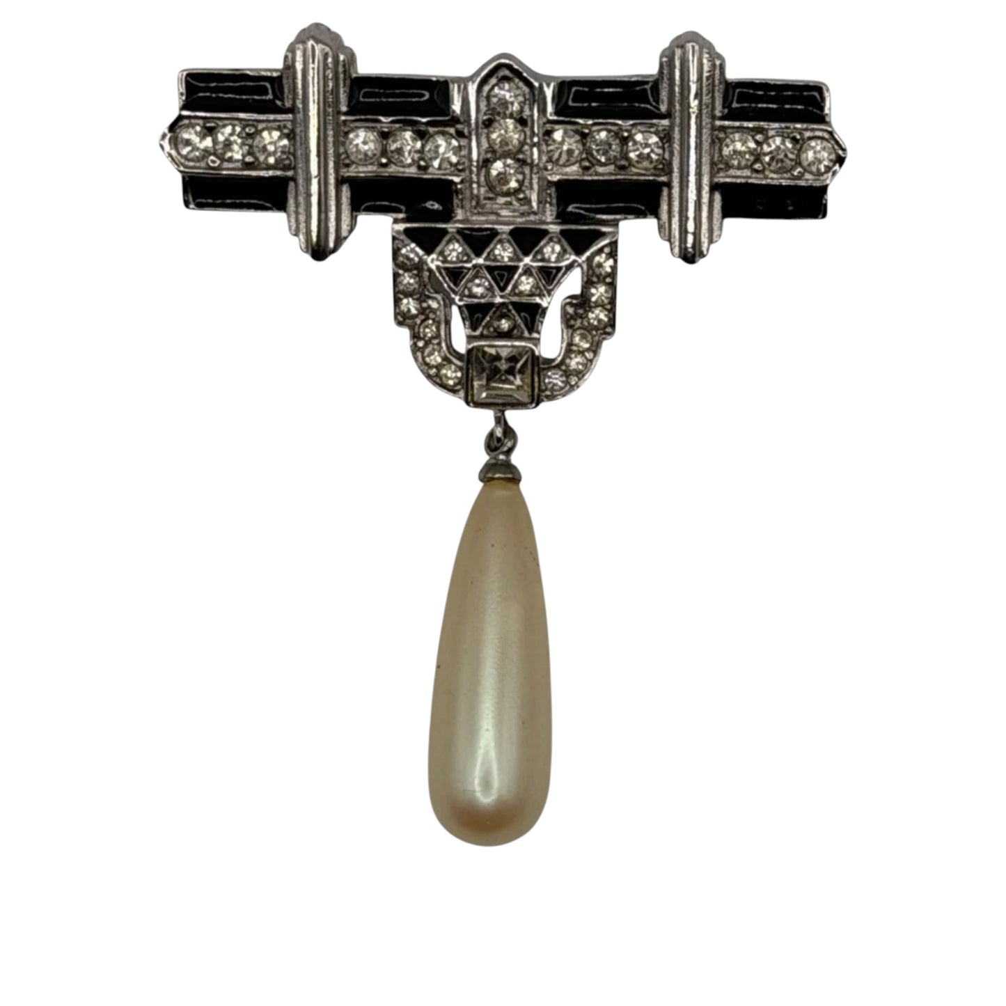 Vintage Givenchy Paris New York Art Deco Crystal & Faux Pearl Drop Brooch Pin 1980s