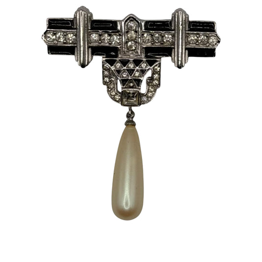 Vintage Givenchy Paris New York Art Deco Crystal & Faux Pearl Drop Brooch Pin 1980s