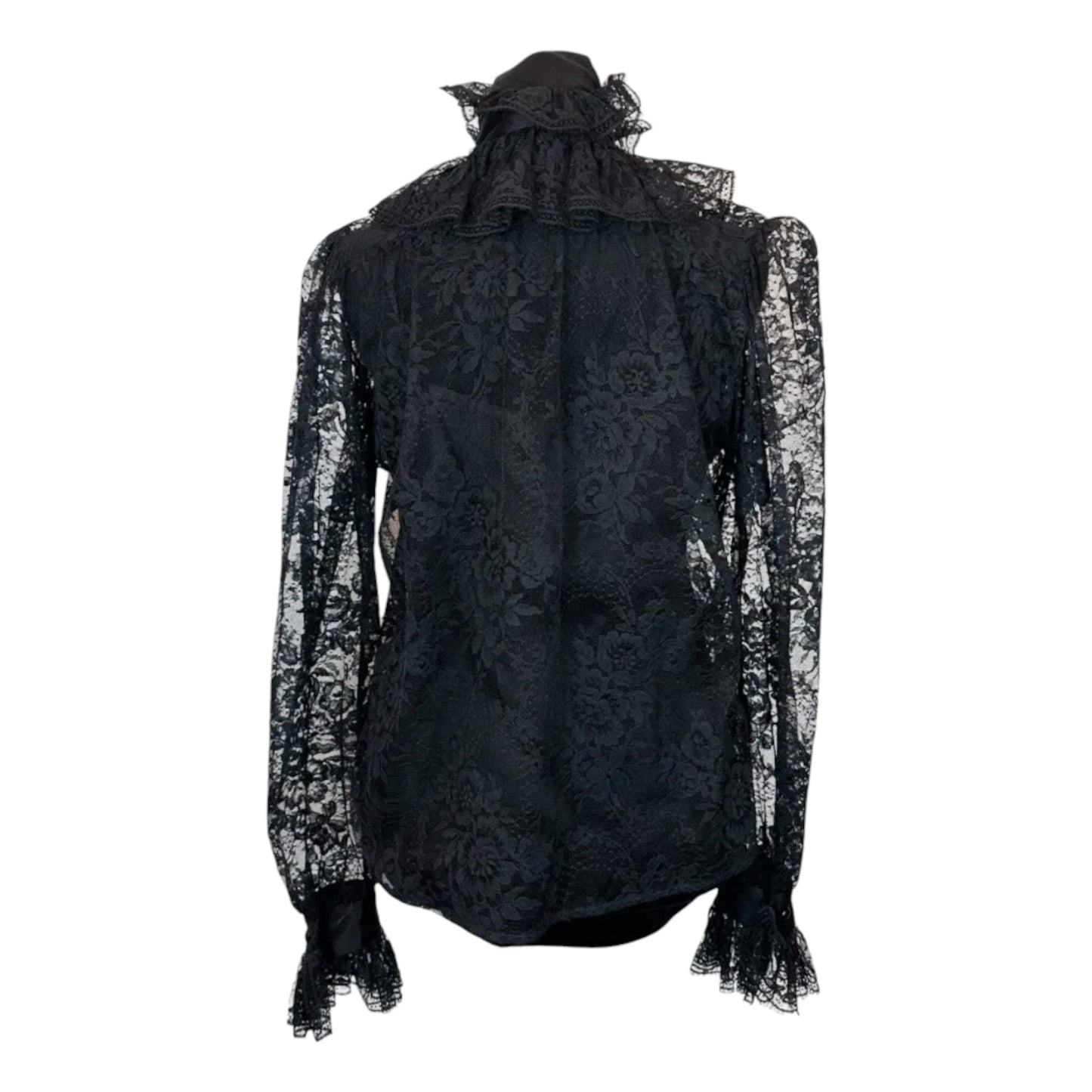 Vintage Yves Saint Laurent Rive Gauche 1981 Black Floral Lace Victorian Ruffle Blouse Made in France FR 38