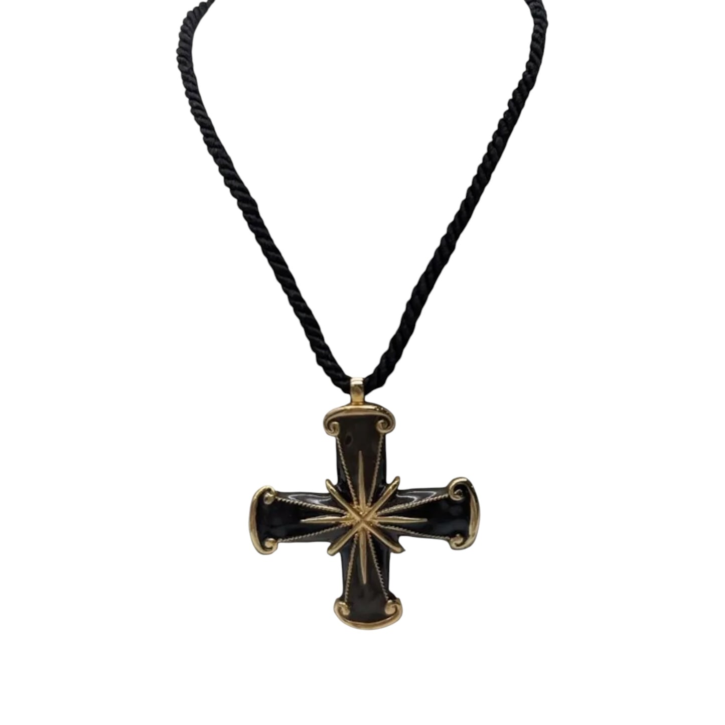 Vintage 1990s Valentino Garavani Black Enamel Maltese Cross Pendant Rope Necklace
