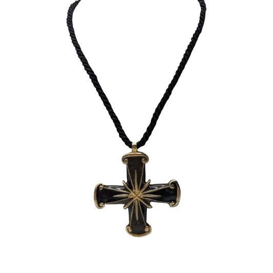 Vintage 1990s Valentino Garavani Black Enamel Maltese Cross Pendant Rope Necklace