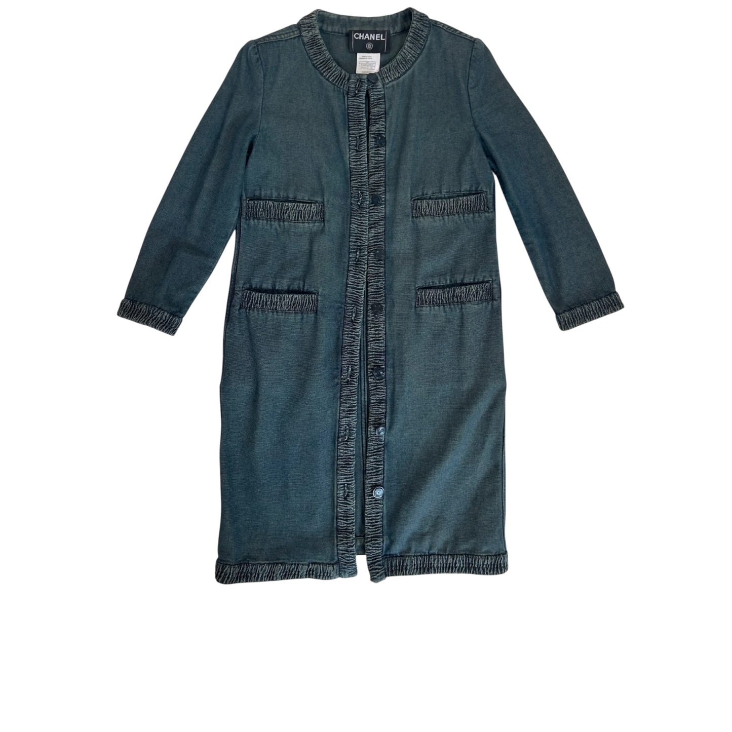 Chanel Spring 2001 Blue Denim Long Jacket with Logo Buttons Size 36