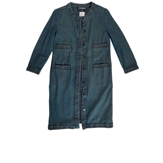 Chanel Spring 2001 Blue Denim Long Jacket with Logo Buttons Size 36