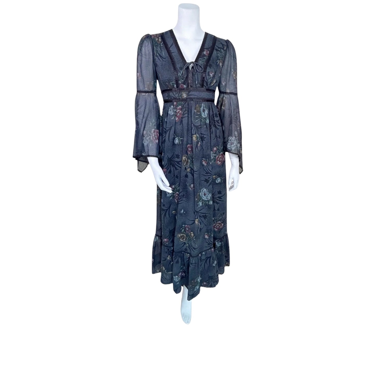 Vintage 1970s Candi Jones California Black Floral Prairie Dress Size Small
