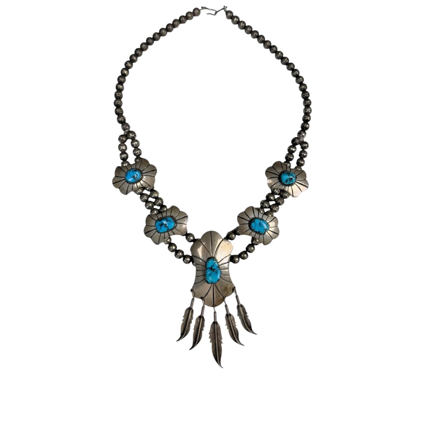Vintage Navajo Kary Begay Sterling Silver & Sleeping Beauty Turquoise Squash Blossom Necklace | 20"