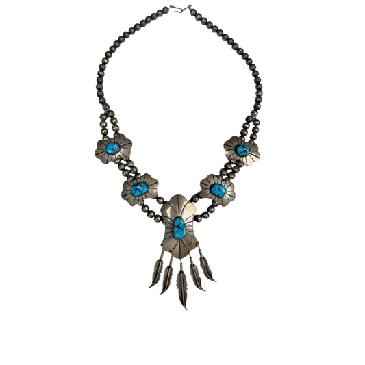 Vintage Navajo Kary Begay Sterling Silver & Sleeping Beauty Turquoise Squash Blossom Necklace | 20"