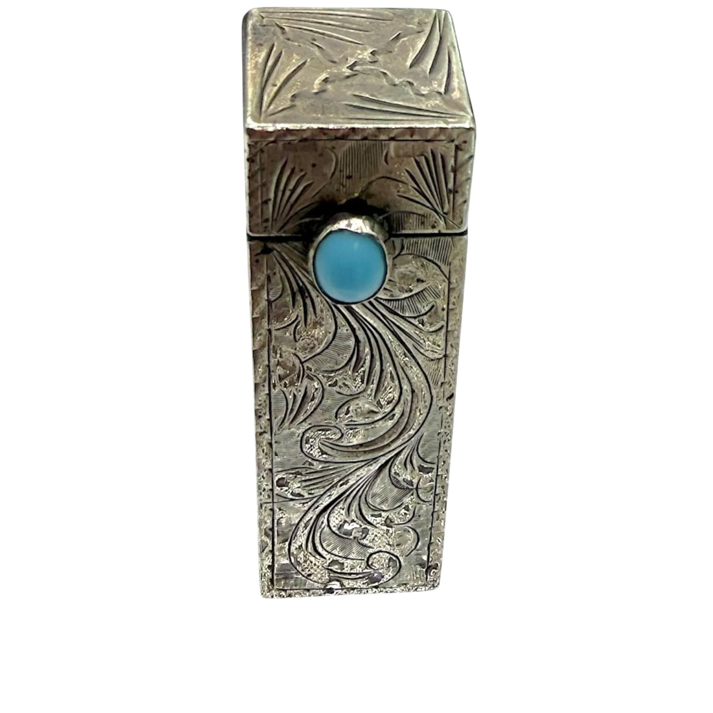 Vintage Sterling Silver Hand-Engraved Lipstick Case Objet d'Art with Turquoise Cabochon