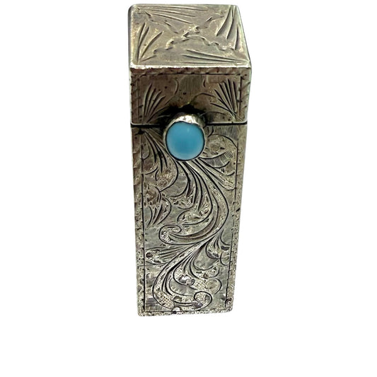 Vintage Sterling Silver Hand-Engraved Lipstick Case Objet d'Art with Turquoise Cabochon