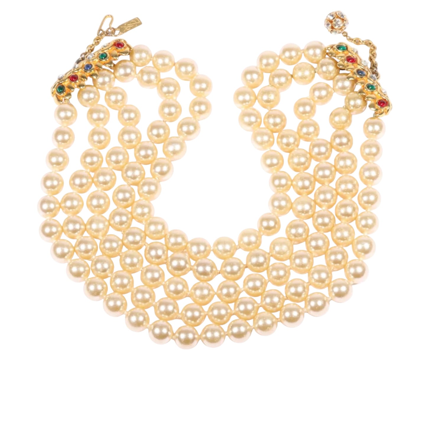 Vintage Yves Saint Laurent Multi-Strand Faux Pearl Necklace with Jewel Tone Cabochon Clasp, 1980s