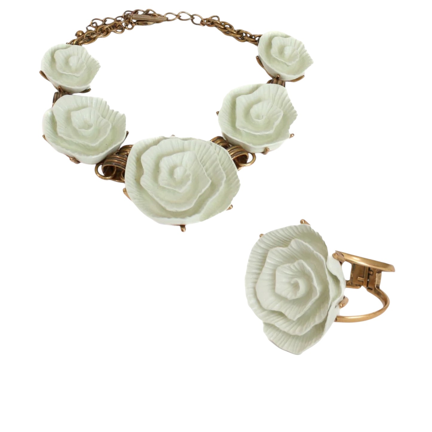 Vintage Oscar De La Renta Gold Plated Camellia Flowers Set