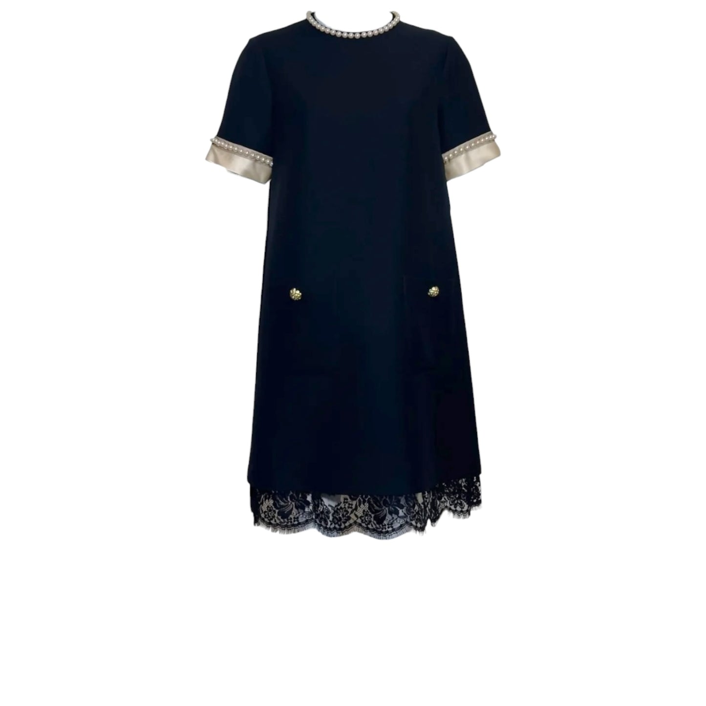 Gucci Pearl Embellished Black Silk Blend Shift Dress Featuring Round Neck, Short Sleeves, Front Pockets and Scalloped Lace Trim Hem Sz 40