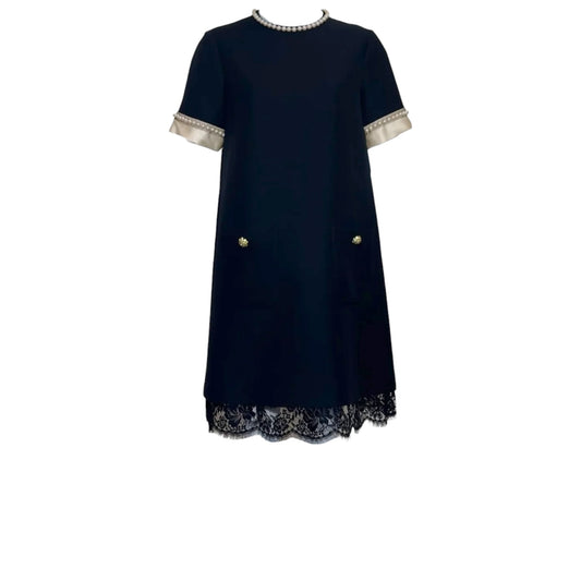 Gucci Pearl Embellished Black Silk Blend Shift Dress Featuring Round Neck, Short Sleeves, Front Pockets and Scalloped Lace Trim Hem Sz 40