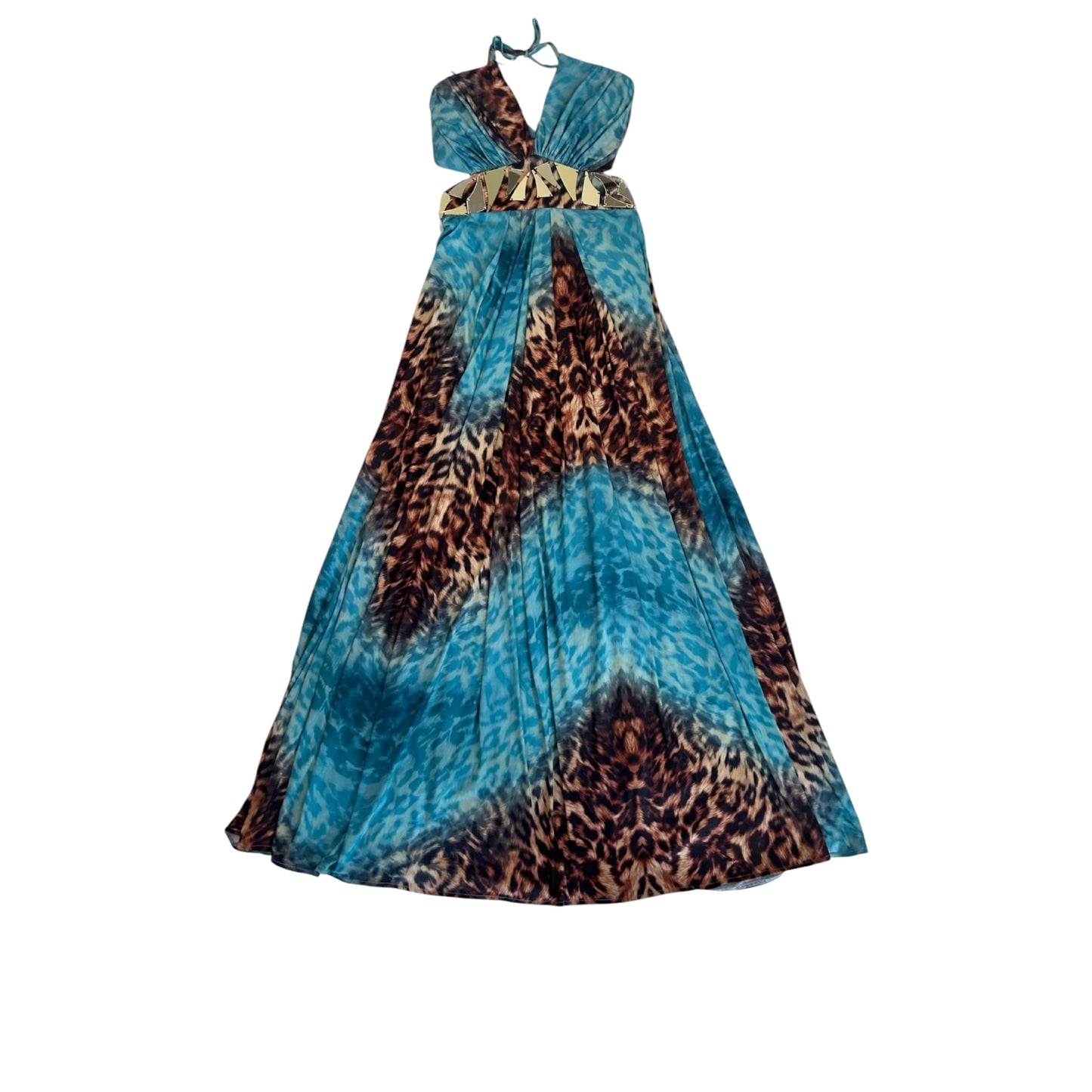 Roberto Cavalli turquoise and leopard print maxi dress with gold mirror waist detail, front view