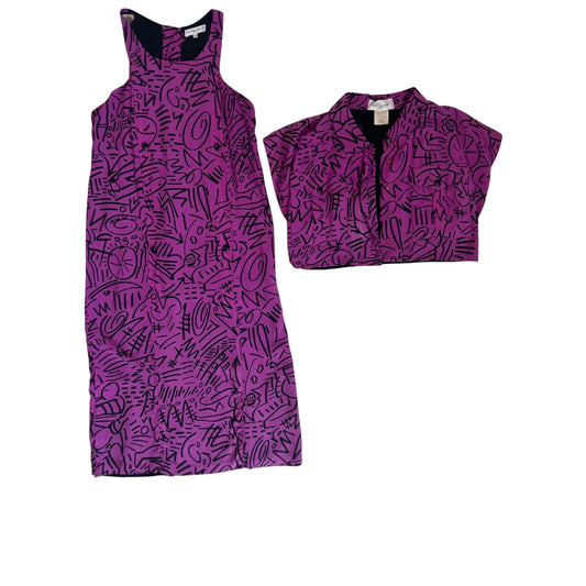 Karl Lagerfeld Vintage 1980's Purple and Black Abstract Print Silk Midi Dress and Cropped Jacket