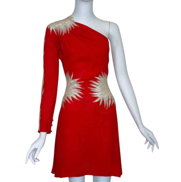 Gianni Versace Vintage Red Silk and Lace One Shoulder Mini Dress Size 4 / 38