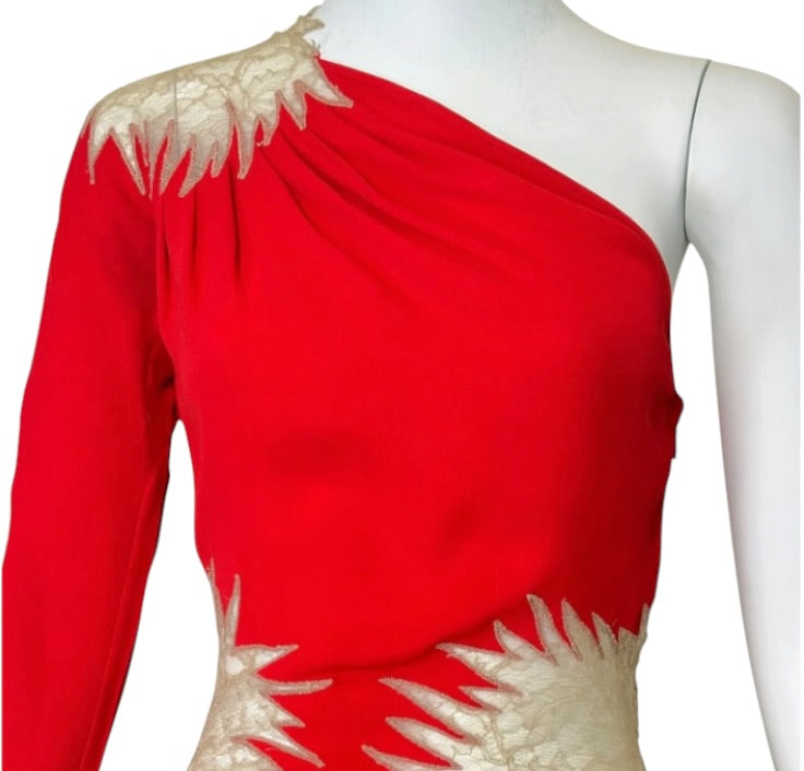Gianni Versace Vintage Red Silk and Lace One Shoulder Mini Dress Size 4 / 38