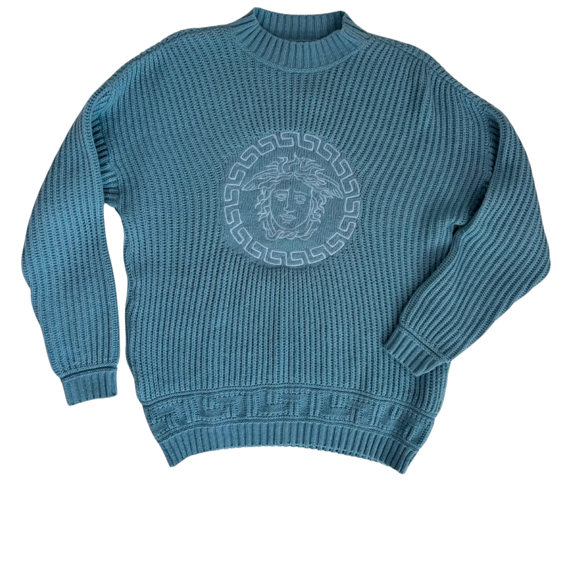 Versace Jeans Couture 1990s Medusa Logo Ribbed Knit Sweater - Robin's Egg Blue | Size M/L
