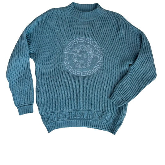 Versace Jeans Couture 1990s Medusa Logo Ribbed Knit Sweater - Robin's Egg Blue | Size M/L