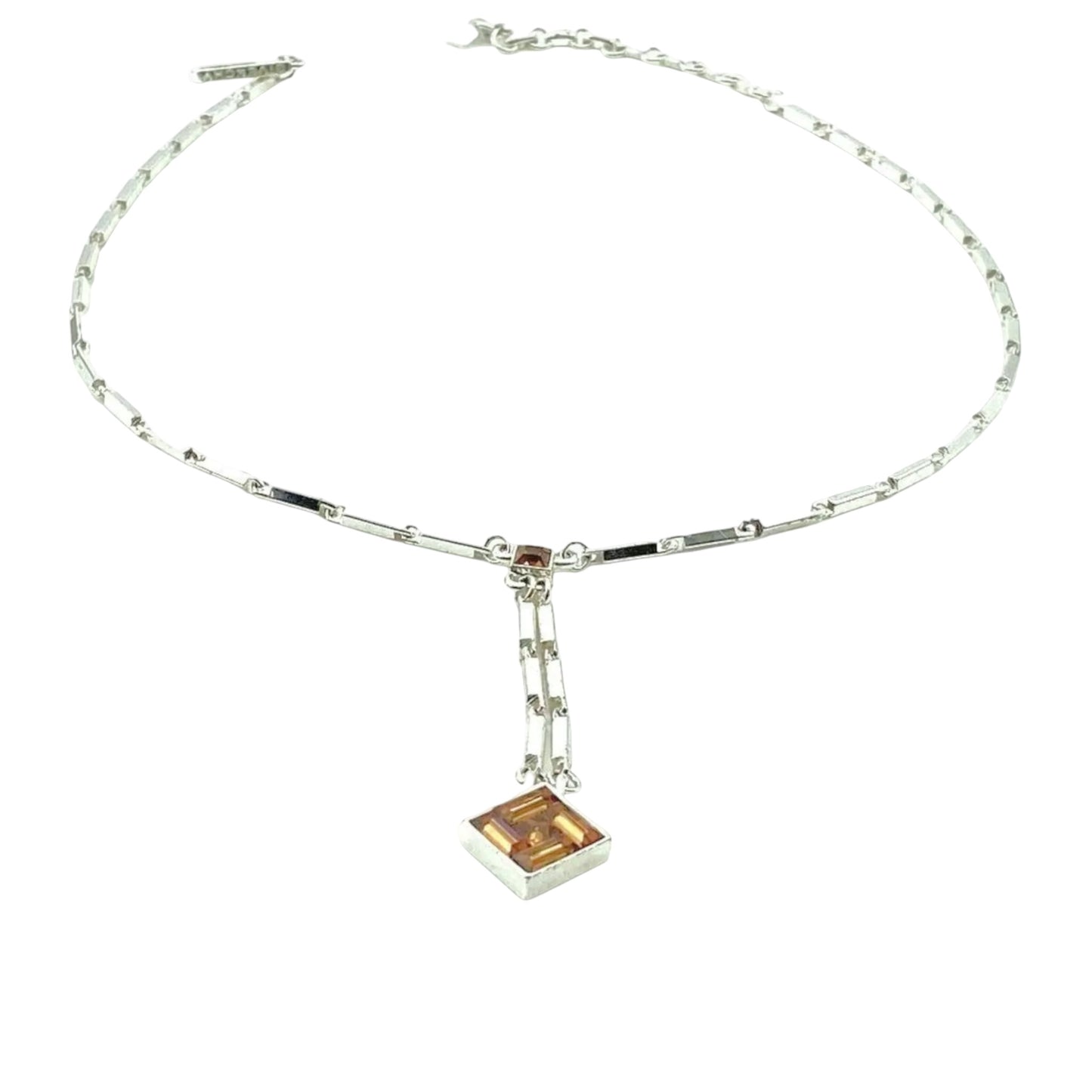 Vintage Givenchy Y2K Silver Tone Link Necklace with Caramel Crystal Pendulum Drop