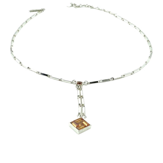 Vintage Givenchy Y2K Silver Tone Link Necklace with Caramel Crystal Pendulum Drop
